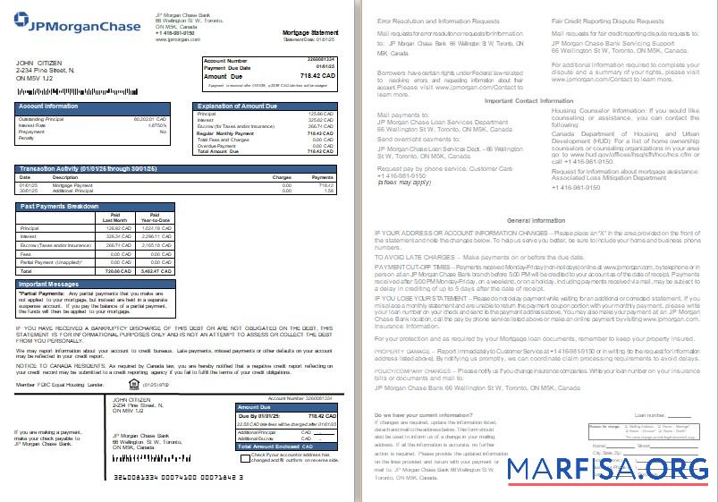 Printable Canada JP Morgan Chase Bank mortgage statement, 2 pages, 1 2 scr sample